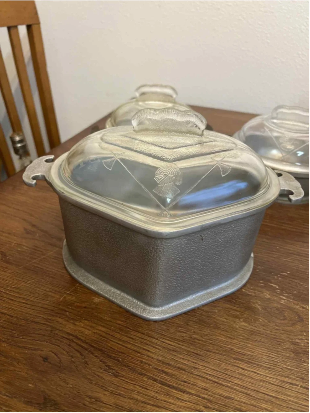 Guardian Service 3 Pc Casserole Lot Etched Glass Lids Round Triangular Hammered
